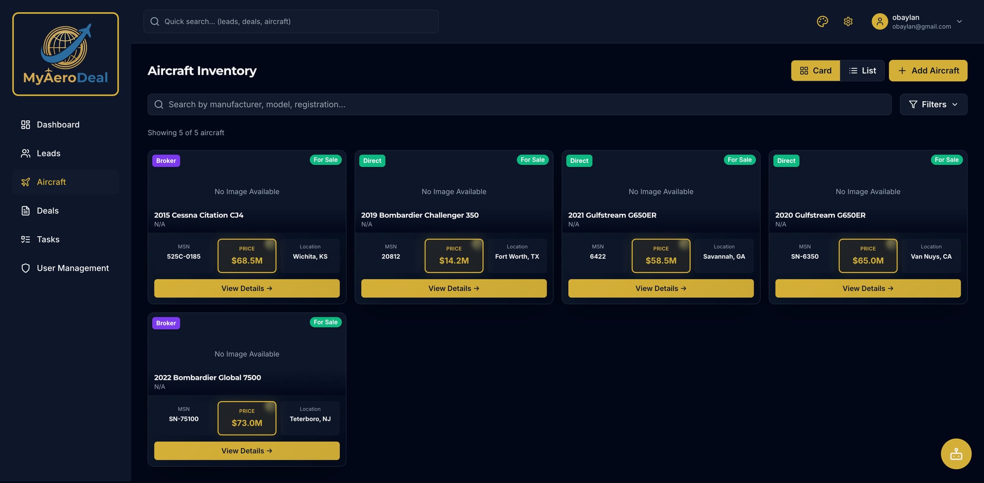 MyAeroDeal Aircraft Inventory