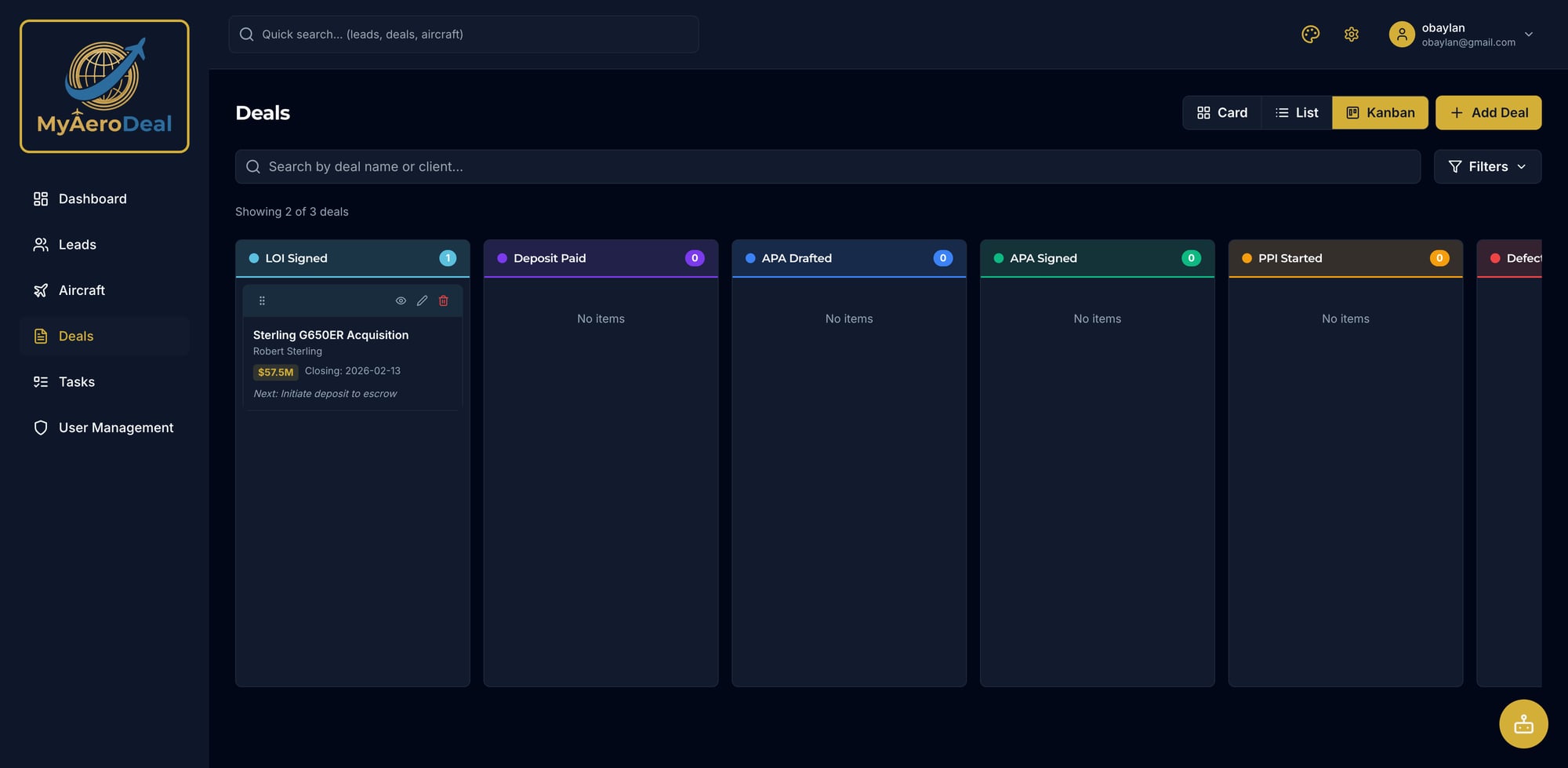 MyAeroDeal 9-Stage Deal Pipeline