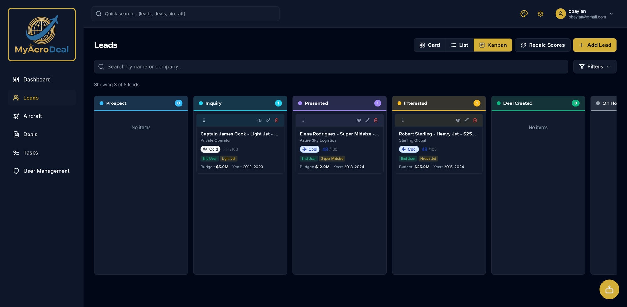 MyAeroDeal Lead Management - Kanban View