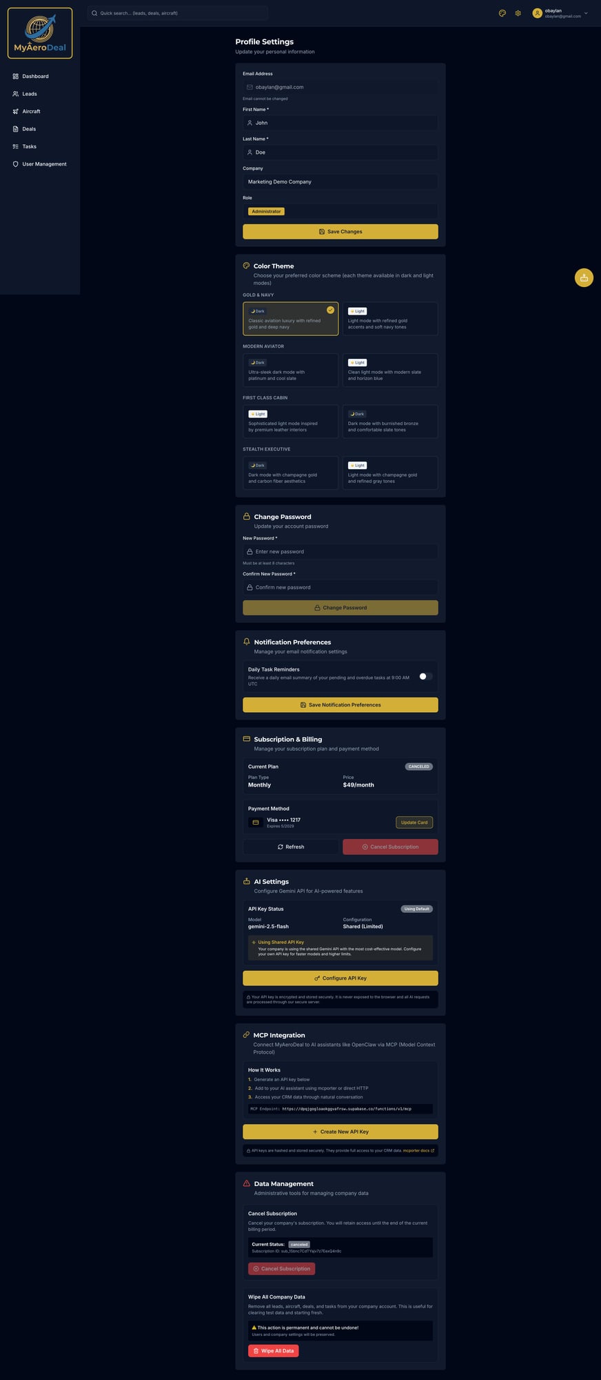MyAeroDeal MCP Integration & Settings